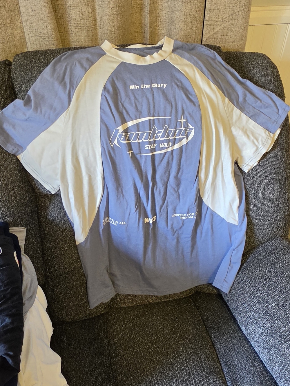 SHEIN Blue & White Raglan Graphic Short Sleeve Tee